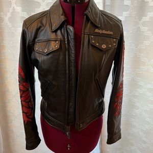 WOMEN'S HARLEY-DAVIDSON "SANTA CRUZ" LEATHER JACKET, SUEDE/STUD FLAME INLAY XS